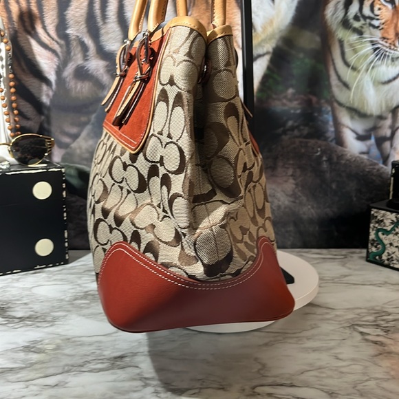 Coach VINTAGE Signature Tote Zip Top Canvas Fabric Rust Suede Top Handle Bag EUC - Picture 7 of 16
